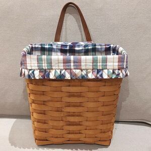 Longaberger Handwoven Tall Wall Hanging Basket Leather Handle Plaid Liner 1999